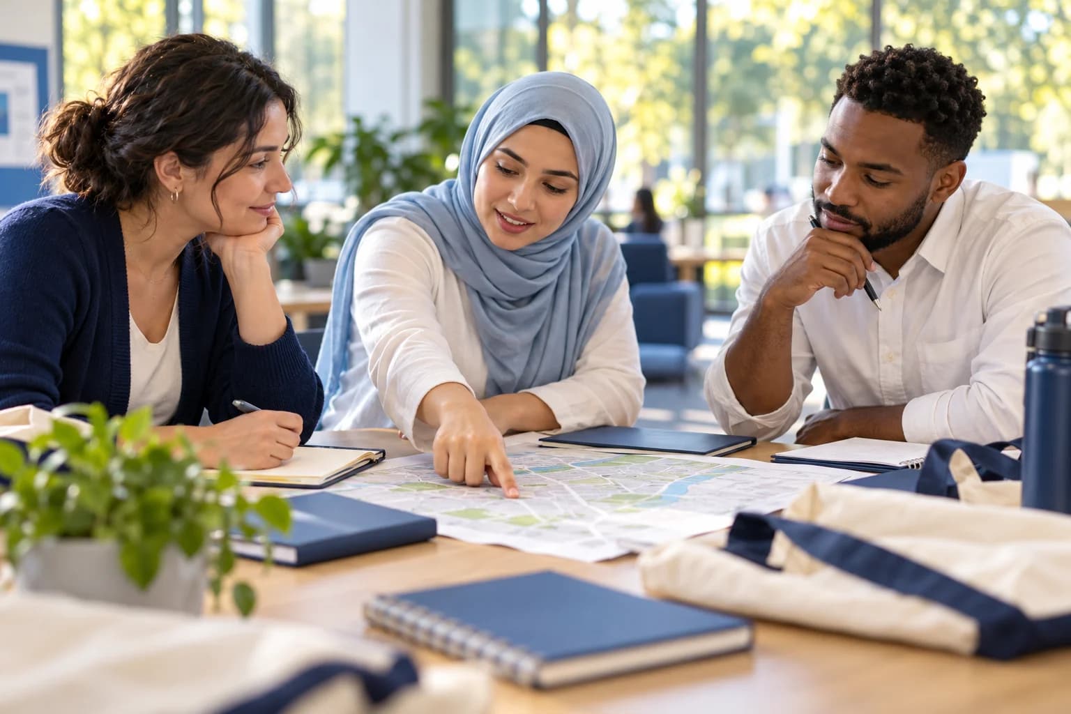 Illustrative scene of a diverse volunteer team listening and planning together.