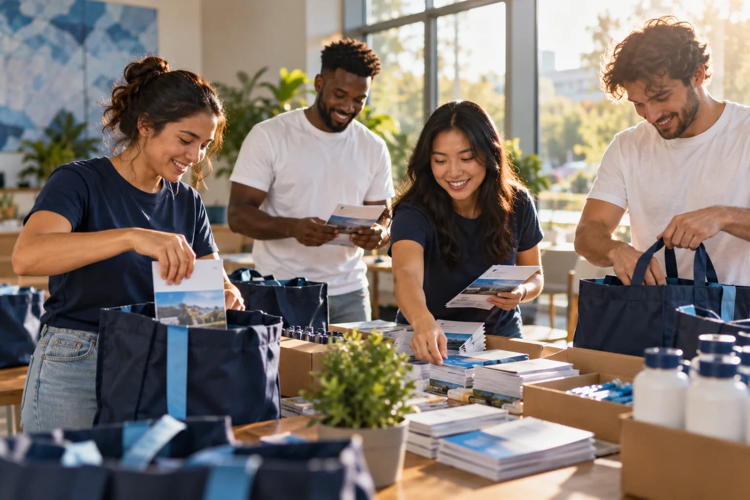 Illustrative scene of volunteers organizing supplies for community outreach.