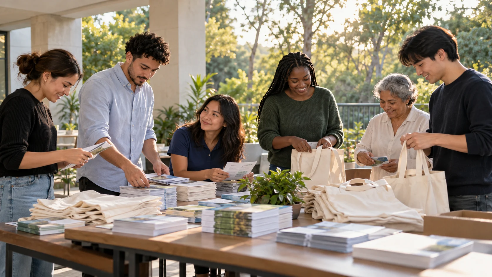 Illustrative AI-generated scene of adult volunteers preparing educational materials together.